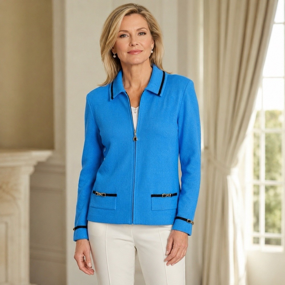 Vtg St John Collection Marie Gray Santana Knit Jacket 8 Blue Turquoise Zip Front
